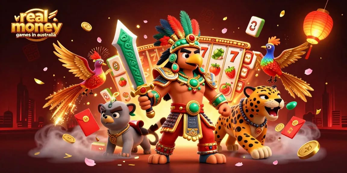 Experience real money casino games in Australia with vibrant visuals of slot reels and warriors.