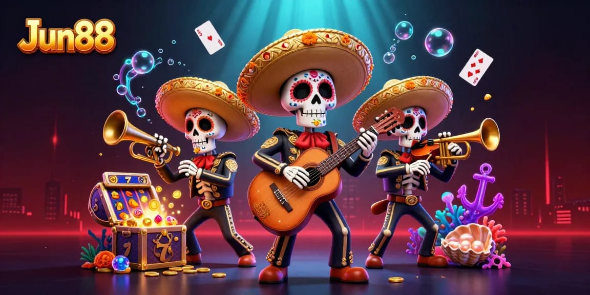 Experience thrilling gaming with Jun88's vibrant slot machines and energetic skeleton band.