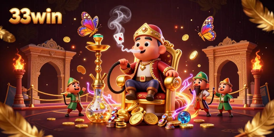 Engage with 33win's thrilling gaming experience, featuring a vibrant 3D scene with casino elements and a unique caterpillar character.