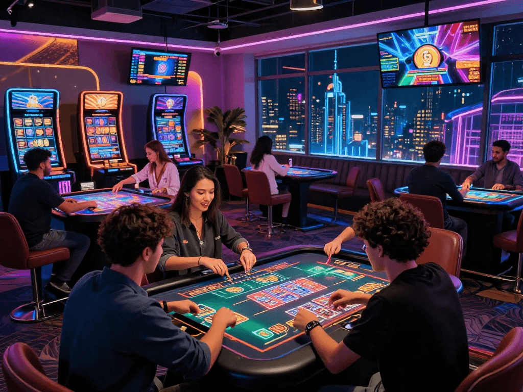 Online players enjoying a crypto casino experience in a vibrant digital environment with high-tech gaming tables and neon lights.