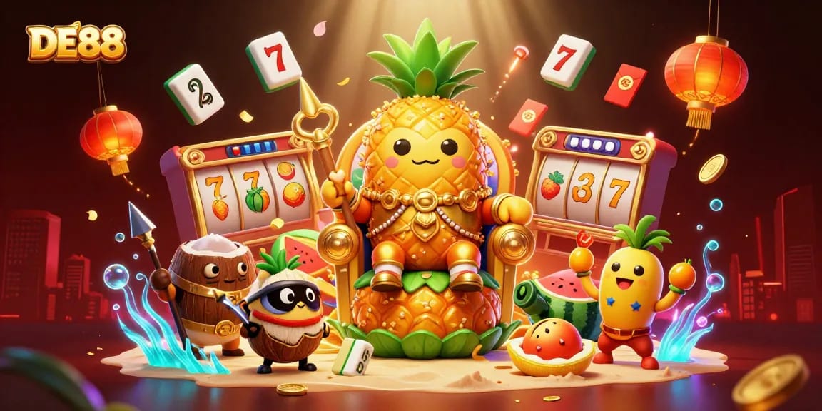 Engage with DE88 gaming glory amidst vibrant fruit-themed antics and dynamic casino elements.