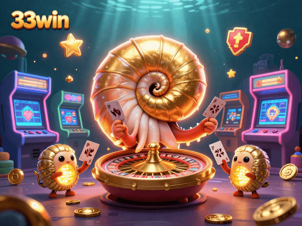 Experience thrilling gaming with 33win's vibrant 3D casino illustrated scene featuring a nautilus roulette wheel.