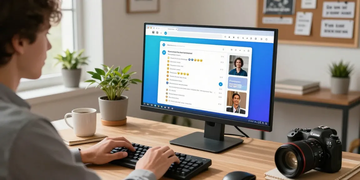 User actively engaging with the Telegram web version in a modern home office, showcasing productivity and communication tools.
