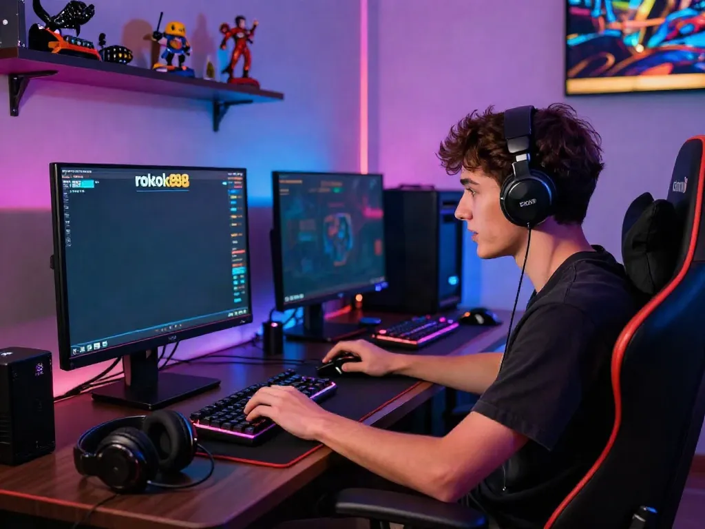 Enthusiastic player engaged in rokok88 slot game at a vibrant gaming setup.