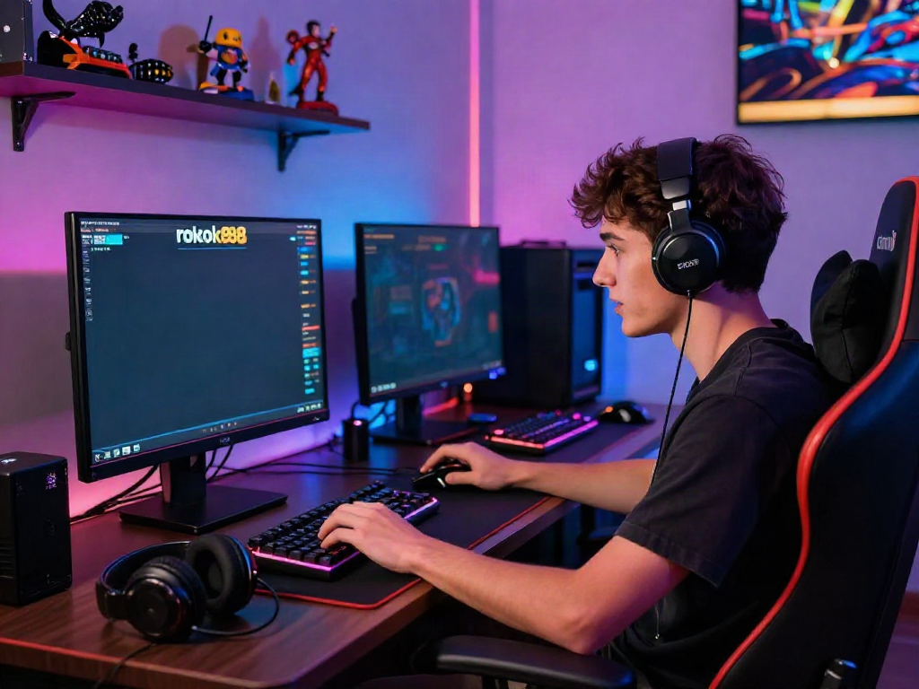 Enthusiastic player engaged in rokok88 slot game at a vibrant gaming setup.