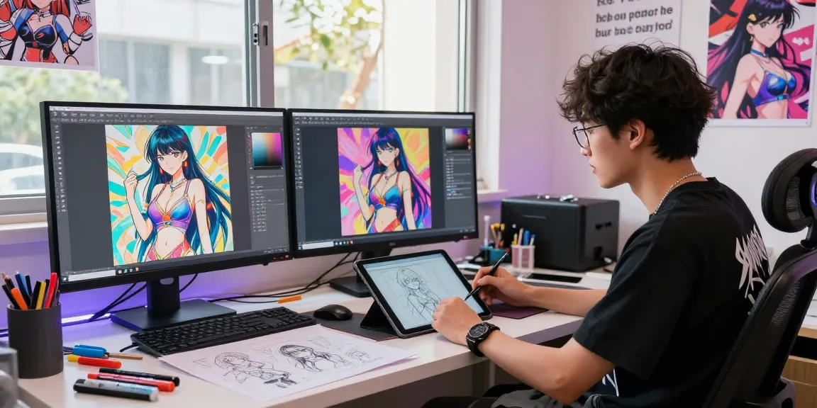 AI hentai designer creating immersive digital art in a vibrant studio.