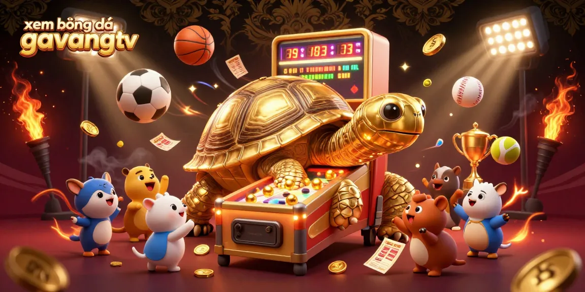 xem bóng đá gavangtv showcases an ultra-detailed 3D scene of a golden tortoise pinball machine in an exciting betting atmosphere.