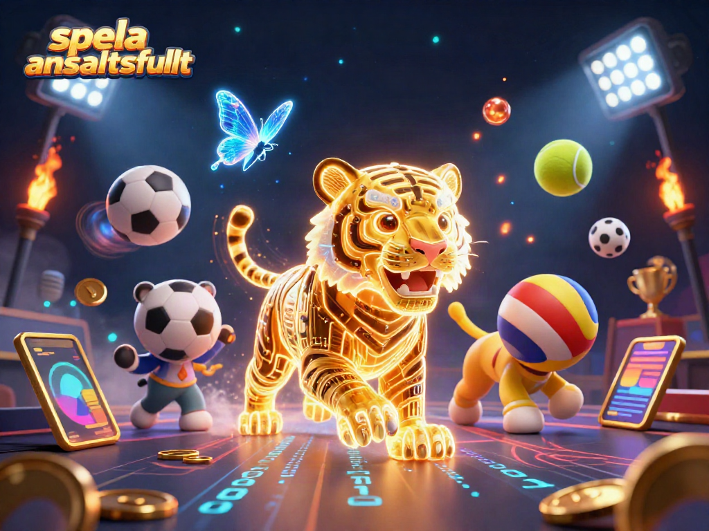 Spela ansvarsfullt med en digital casinoillustration där en ljus tiger och holografiska fjärilar interagerar.