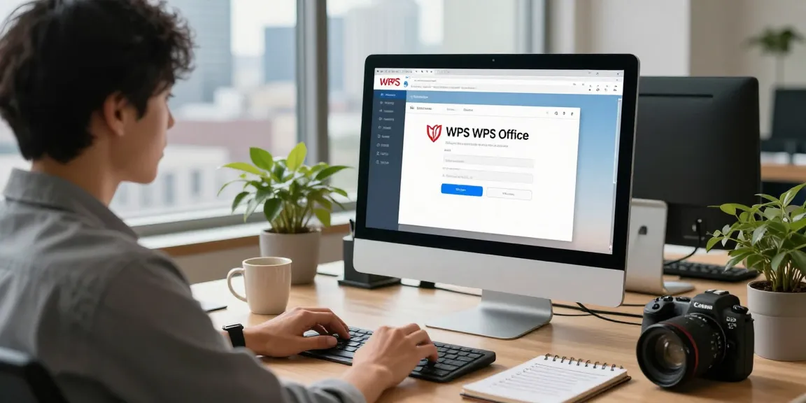 WPS Download page displayed on a desktop screen in a modern office workspace, showcasing productivity tools.