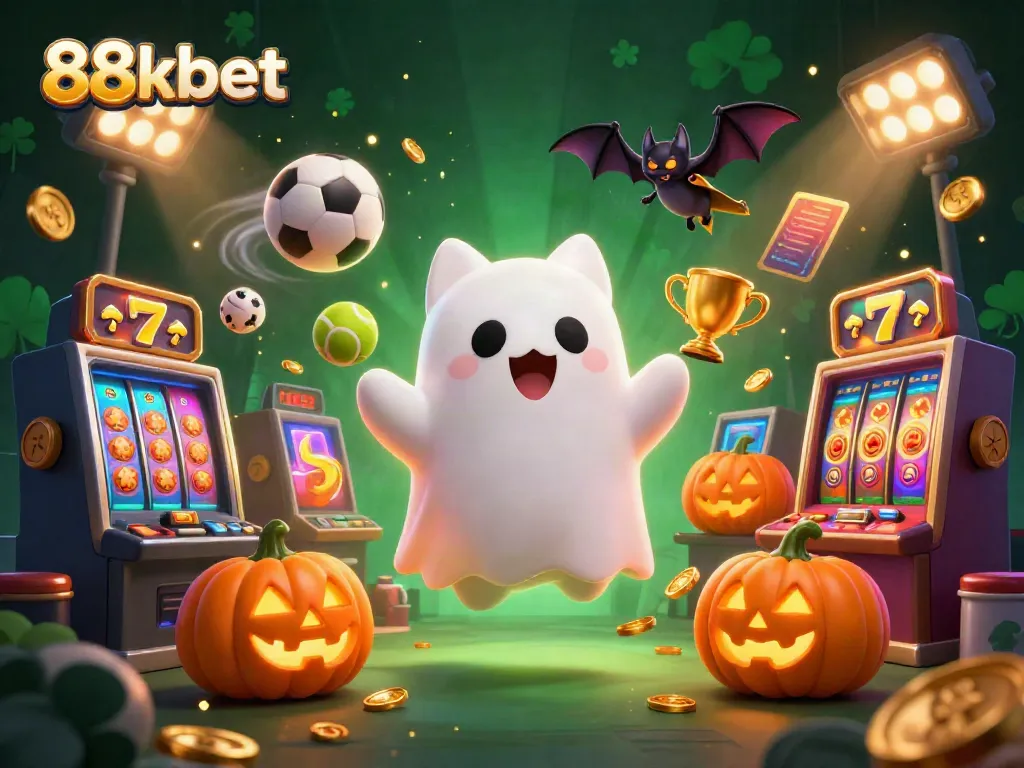 Engage with 88kbet's thrilling haunted casino scene featuring a friendly ghost cat and dynamic game elements.