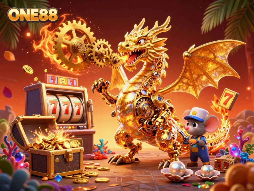 ONE88's golden dragon brings fortune with slot reels and gold coins in a vibrant casino scene.