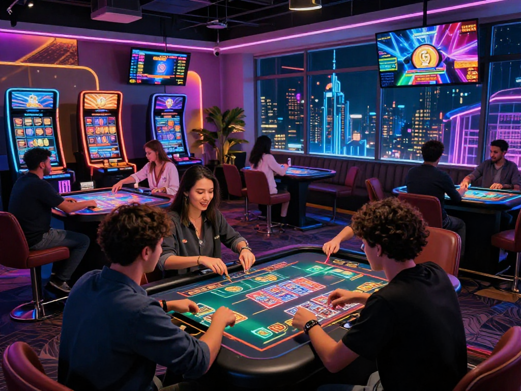 Online players enjoying a crypto casino experience in a vibrant digital environment with high-tech gaming tables and neon lights.