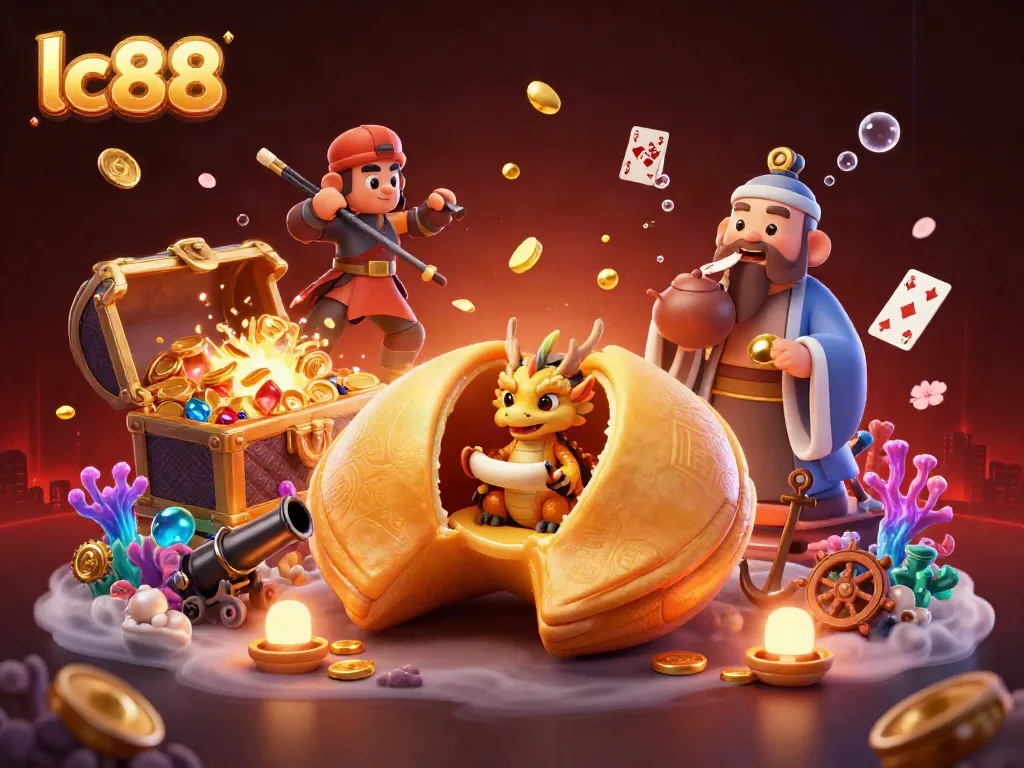 Join the excitement at lc88 with a colorful 3D casino scene featuring golden treasures and vibrant game elements.