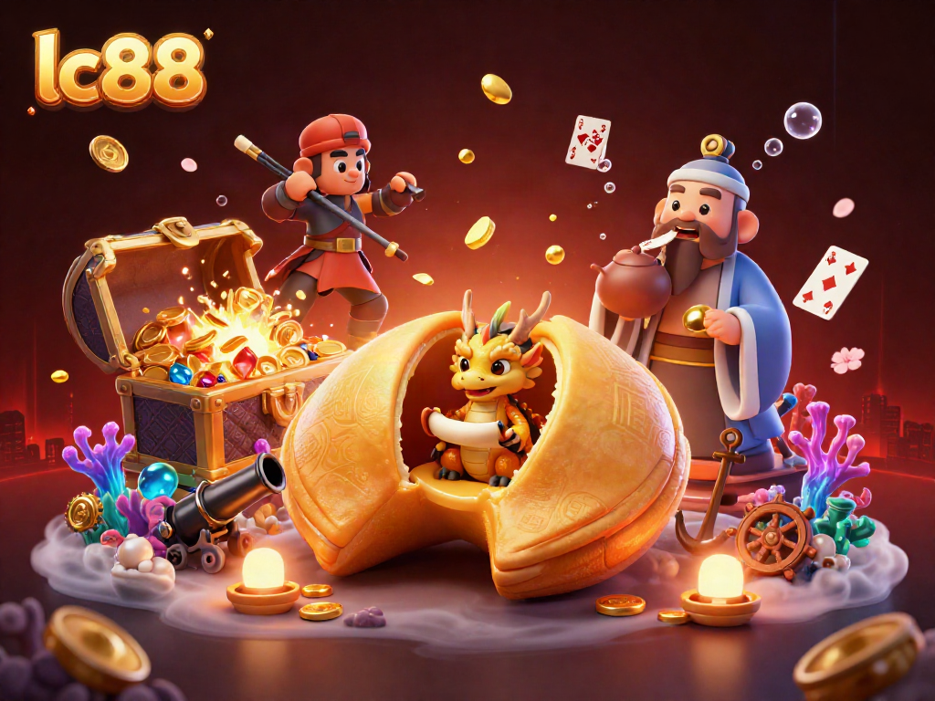 Join the excitement at lc88 with a colorful 3D casino scene featuring golden treasures and vibrant game elements.