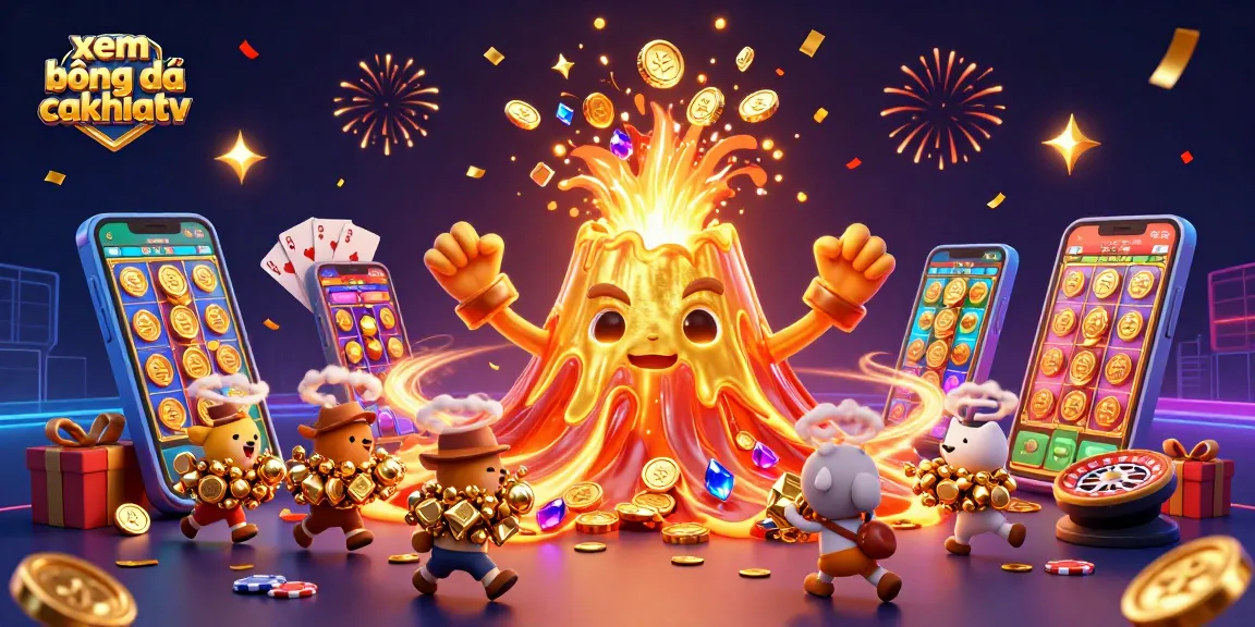 xem bóng đá cakhiatv invites excitement with a golden volcano erupting treasures in a vibrant casino scene.
