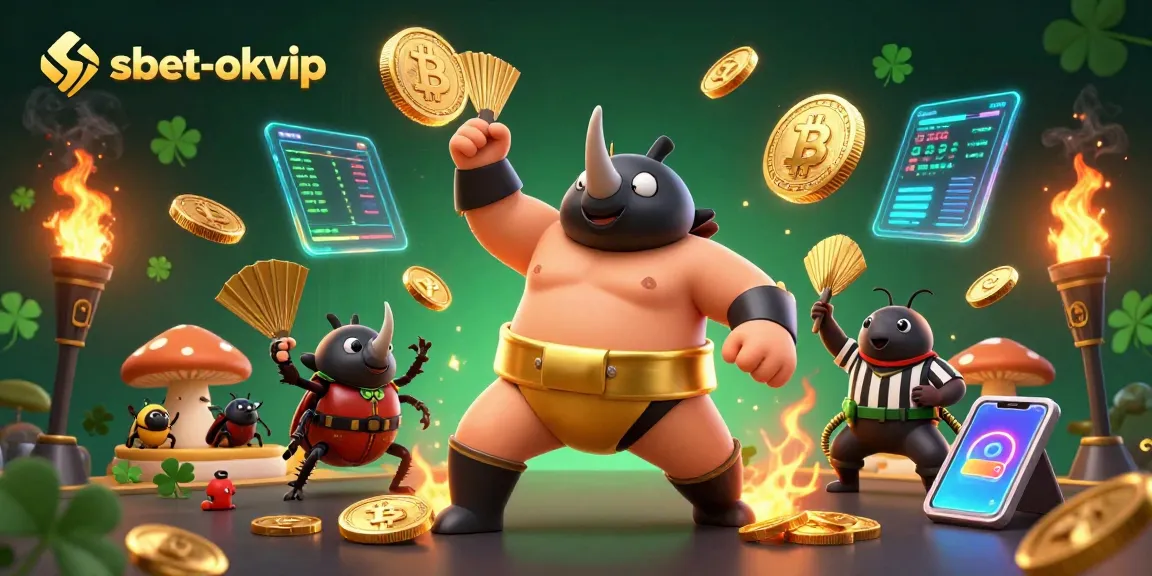 Experience thrilling gameplay at shbet-okvip with a dynamic 3D illustration of a sumo champion beetle.