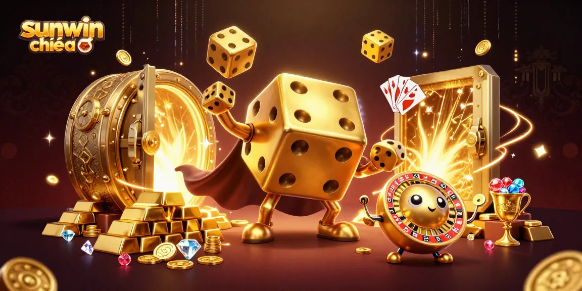 Experience thrilling games at sunwin chính chủ with a dynamic scene of golden dice and jewels.