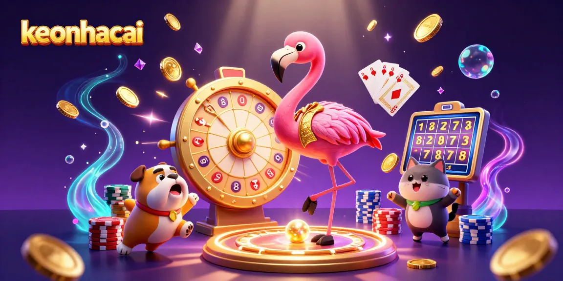 Experience keonhacai's exciting gaming scene with cartoon characters and vibrant casino elements.